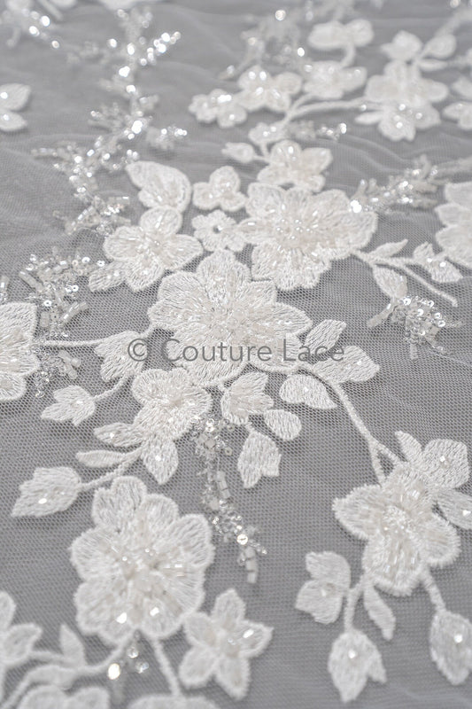 Perlen Spitzenstoff Off-White/ Couture Spitzenstoff mit Perlen/ Braut Spitzenstoff/ Perlen Spitze// L23-559