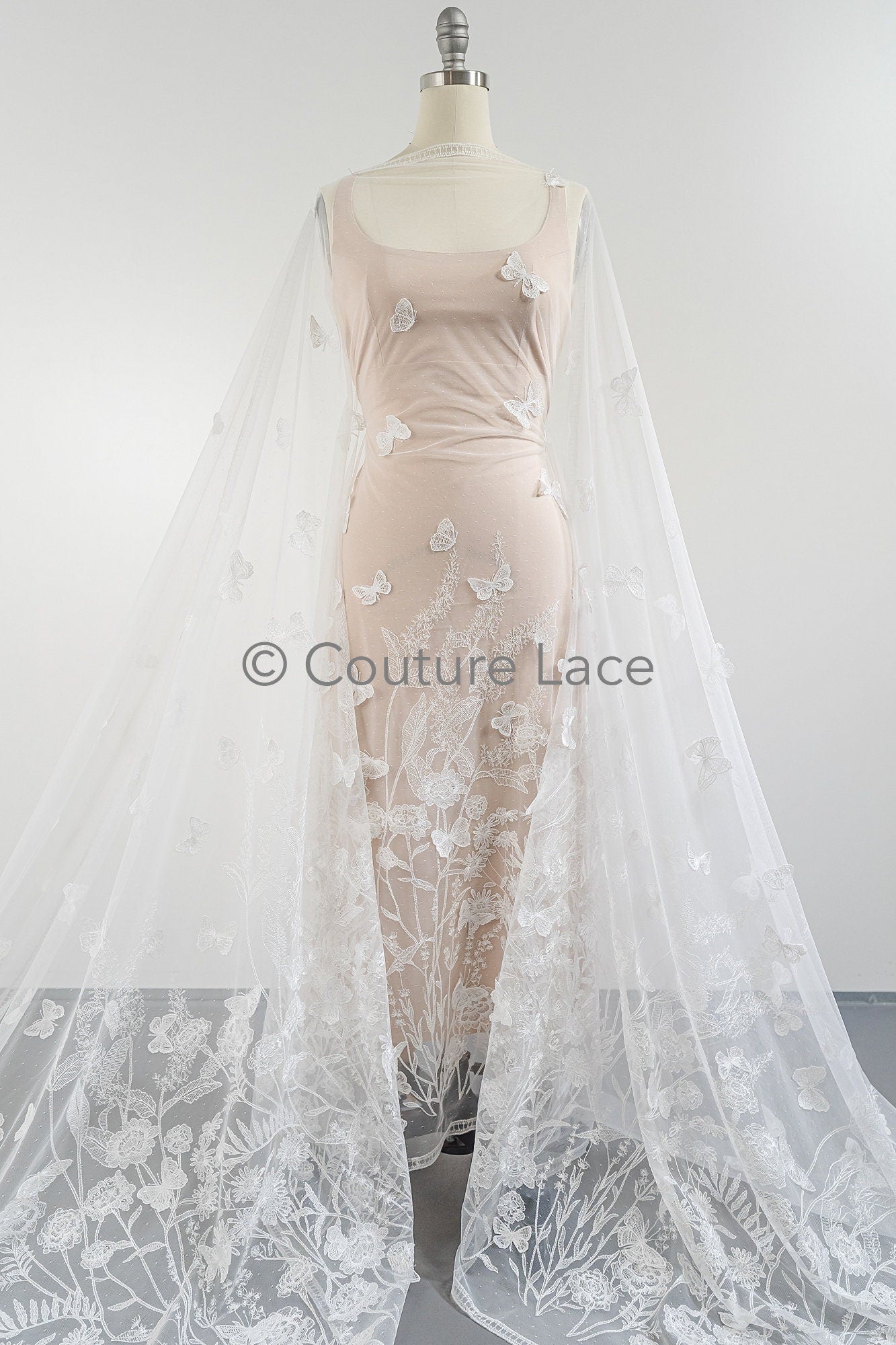 3D butterfly bridal lace off-white/ beautiful embroidered floral lace fabric/ wildflower lace fabric/ bridal lace with flowers// L23-579