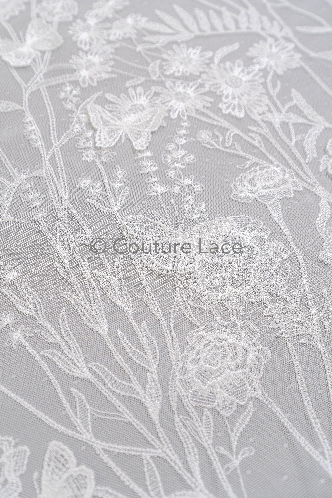3D butterfly bridal lace off-white/ beautiful embroidered floral lace fabric/ wildflower lace fabric/ bridal lace with flowers// L23-579