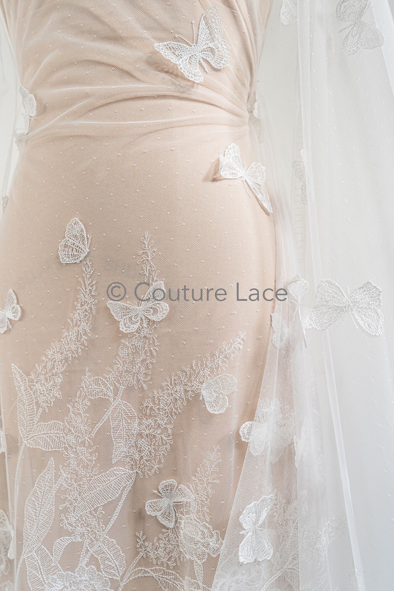 3D butterfly bridal lace off-white/ beautiful embroidered floral lace fabric/ wildflower lace fabric/ bridal lace with flowers// L23-579