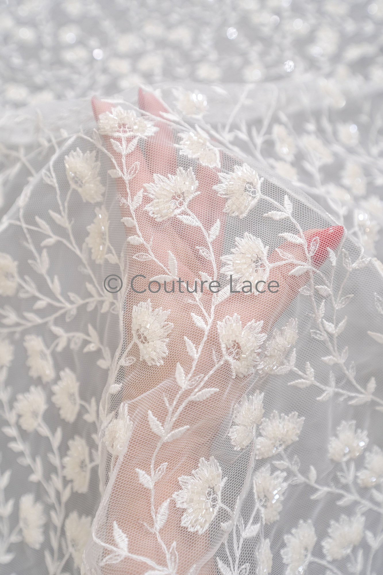 Perlen Spitze Stoff Off-White/ Perlen Brautspitze/ Couture Spitzenstoff/ Perlen Spitze// L23-572