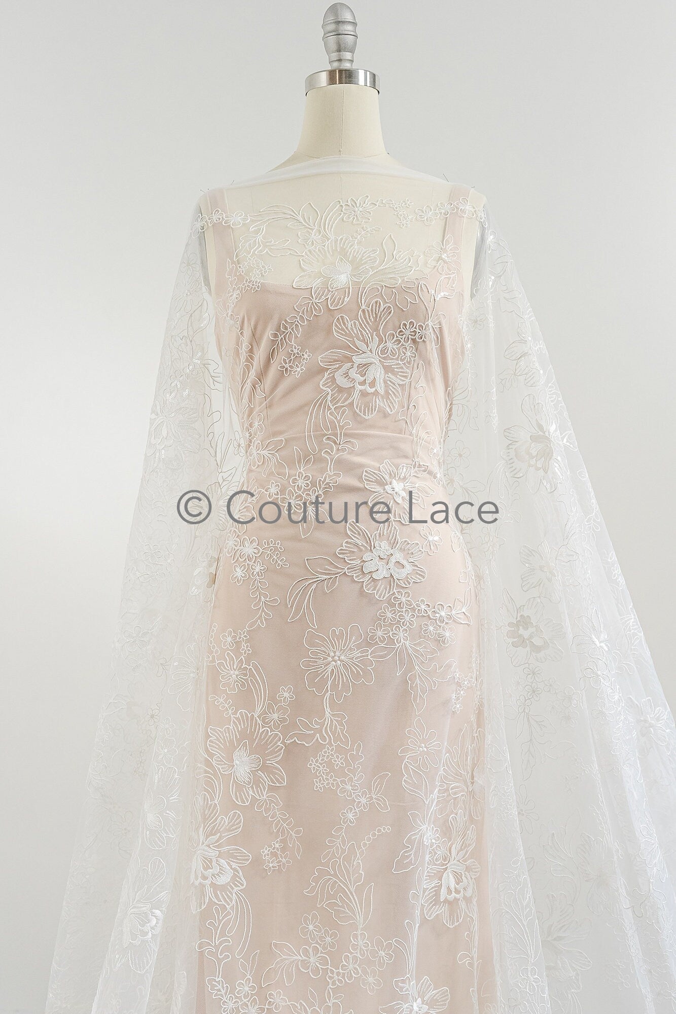 Floral Bridal Lace Off-White/ Bridal lace with flowers & sequins/ floral bridal lace// L23-554