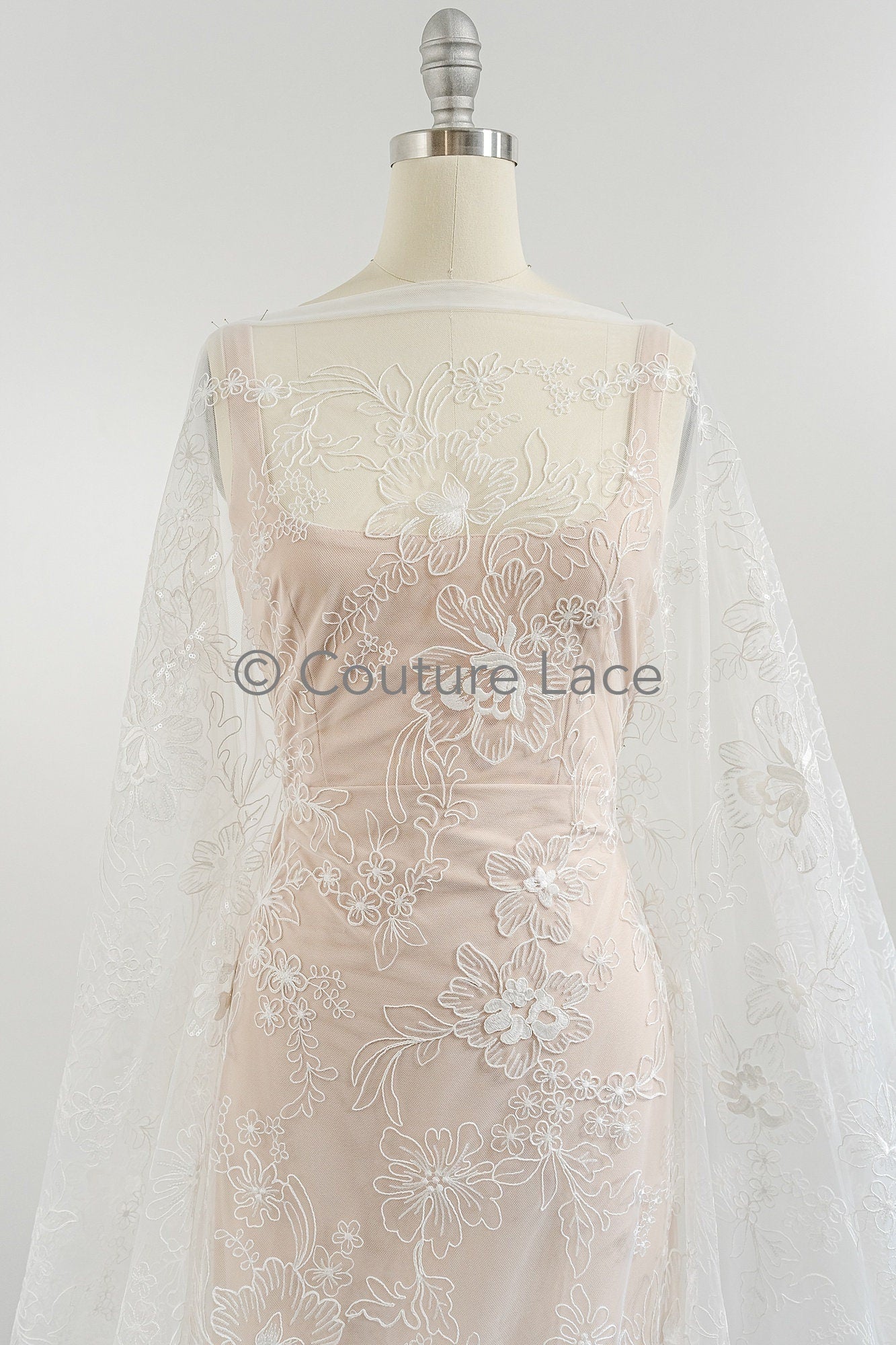 Floral Bridal Lace Off-White/ Bridal lace with flowers & sequins/ floral bridal lace// L23-554