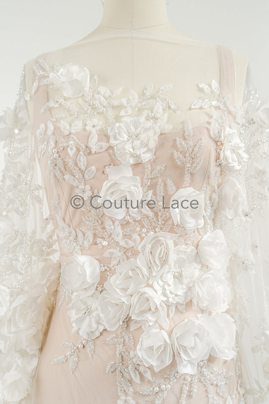 3D Blumen Spitzenstoff Off-White/ Braut Spitzenstoff mit Perlen & Pailletten/ romantischer Spitzenstoff mit 3D Blumen/ Hochzeit Spitzenstoff// L23-535