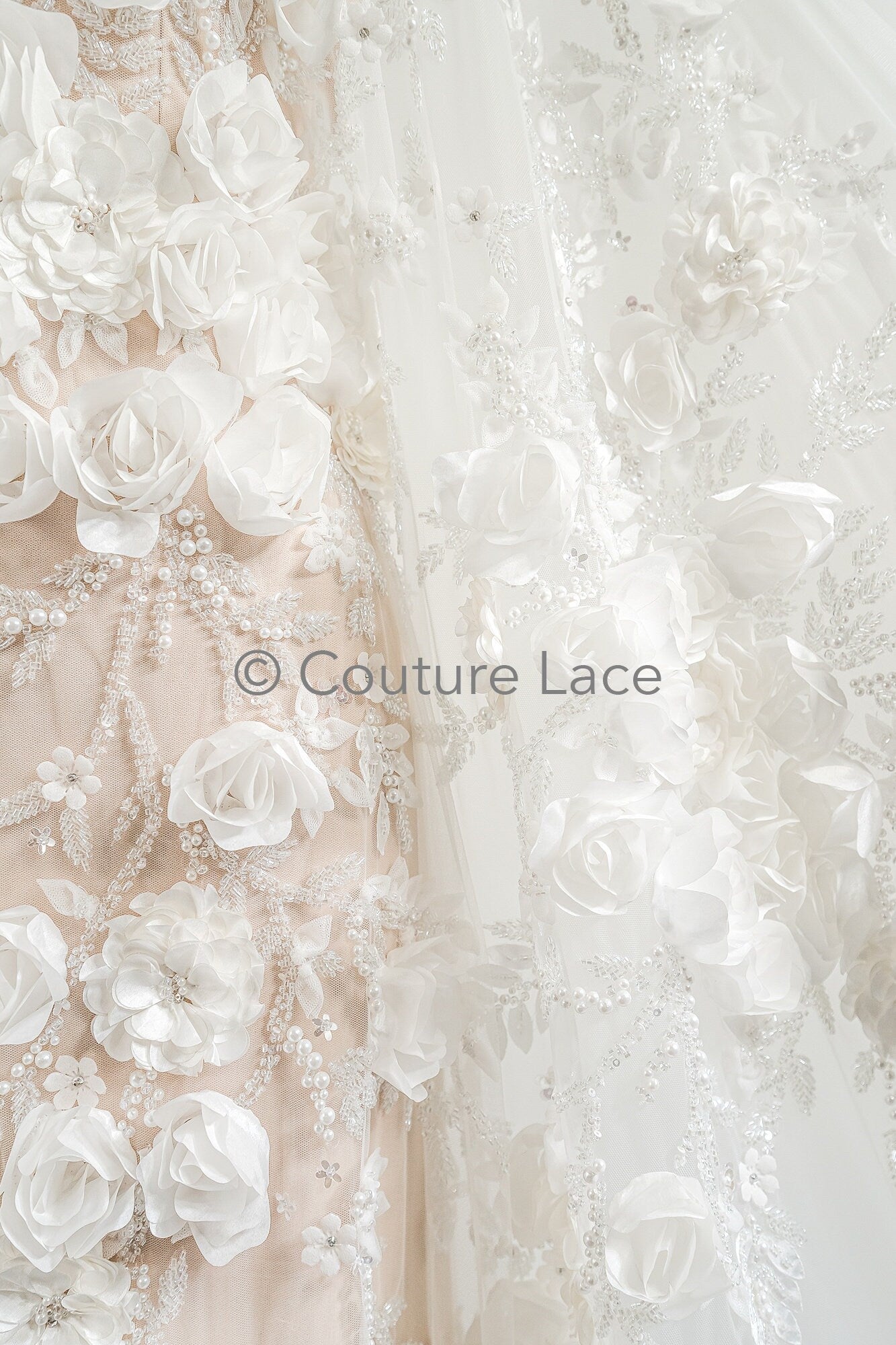 3D Blumen Spitzenstoff Off-White/ Braut Spitzenstoff mit Perlen & Pailletten/ romantischer Spitzenstoff mit 3D Blumen/ Hochzeit Spitzenstoff// L23-535