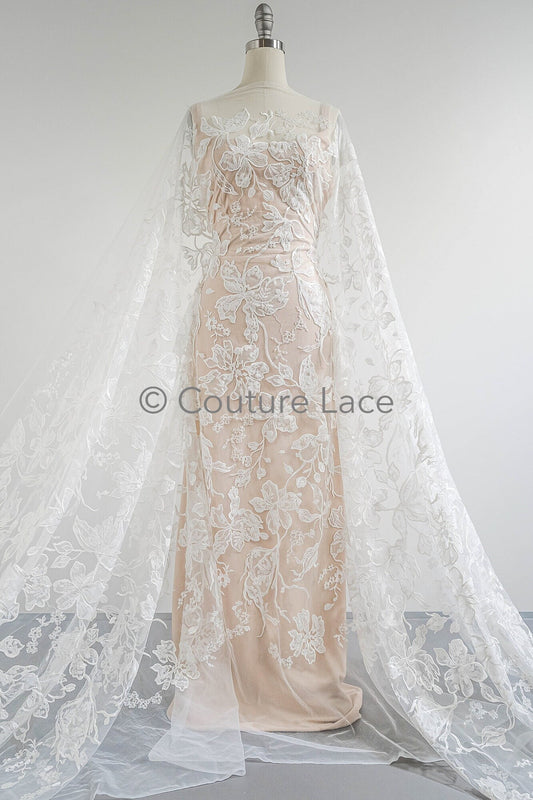 Encaje de novia floral color marfil / tejido de encaje de novia / encaje floral para bodas con lentejuelas / encaje couture // L23-582