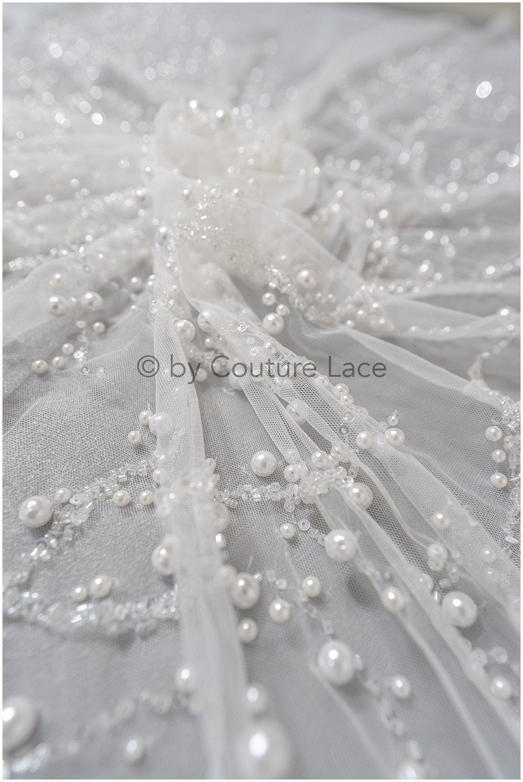 1.2yds Beaded bridal lace fabric off-white/ Pallas lace fabric/ heavy beaded bridal dress lace/ handmade couture lace// L23-565