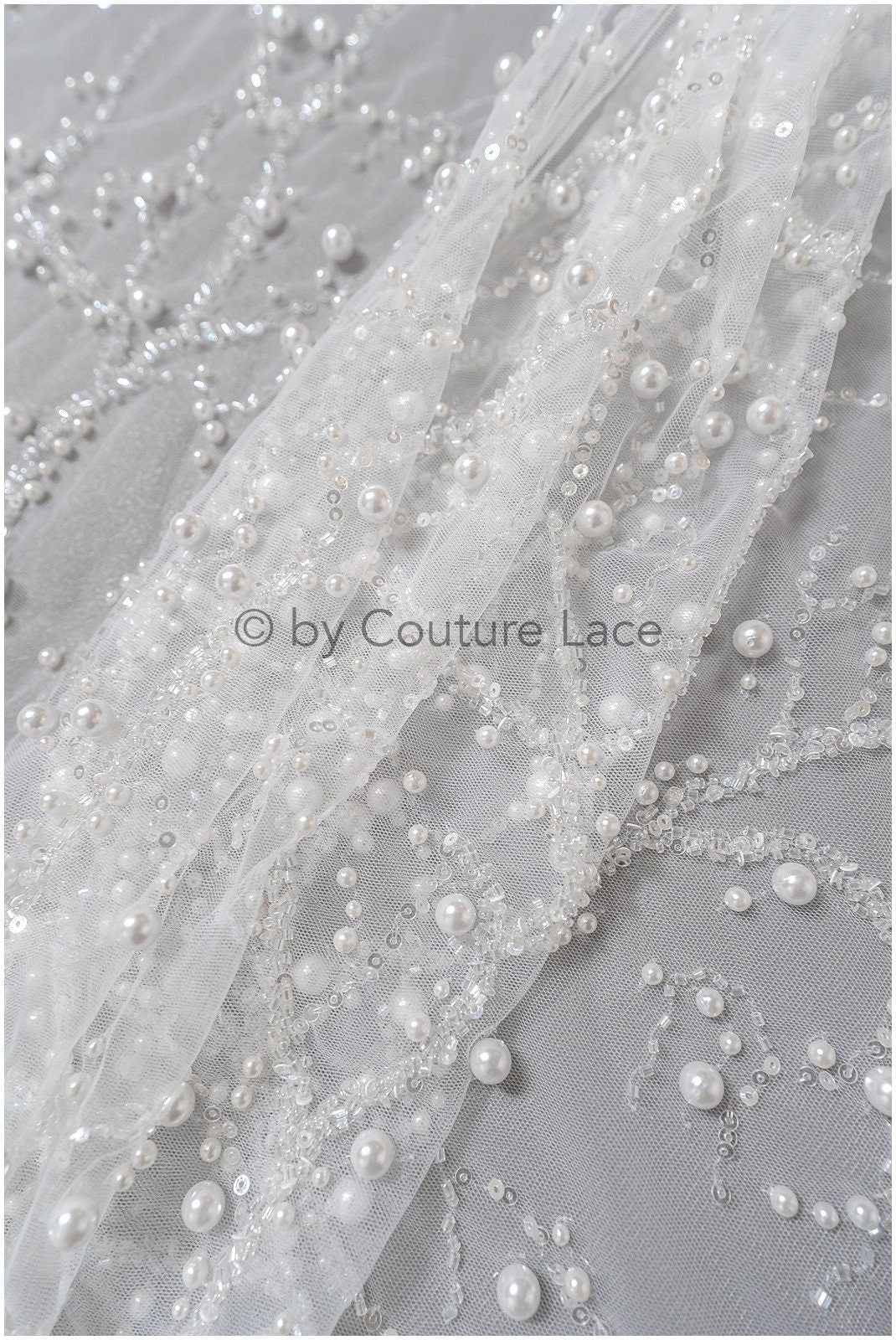 1.2yds Beaded bridal lace fabric off-white/ Pallas lace fabric/ heavy beaded bridal dress lace/ handmade couture lace// L23-565