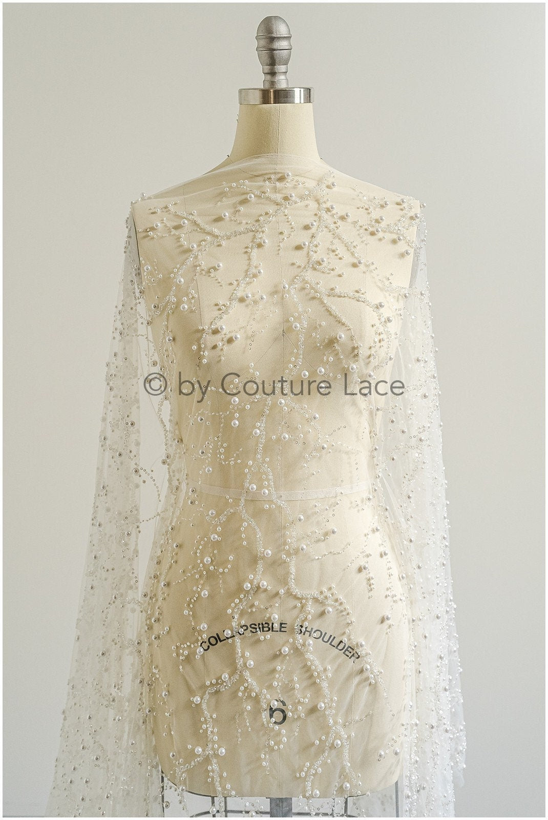 1.2yds Beaded bridal lace fabric off-white/ Pallas lace fabric/ heavy beaded bridal dress lace/ handmade couture lace// L23-565