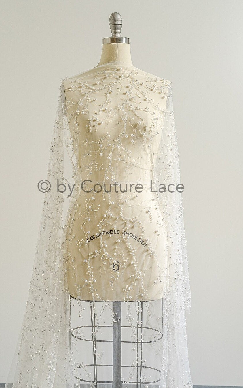 1.2yds Beaded bridal lace fabric off-white/ Pallas lace fabric/ heavy beaded bridal dress lace/ handmade couture lace// L23-565