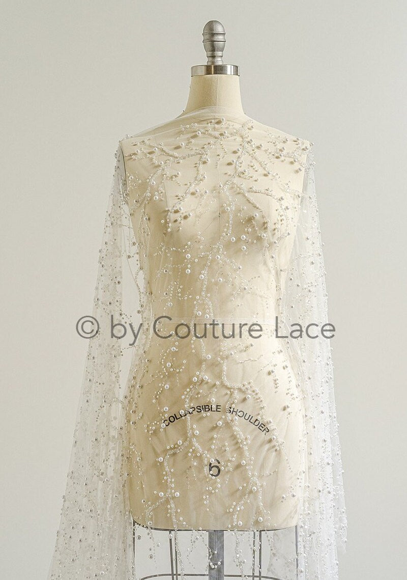 1.2yds Beaded bridal lace fabric off-white/ Pallas lace fabric/ heavy beaded bridal dress lace/ handmade couture lace// L23-565