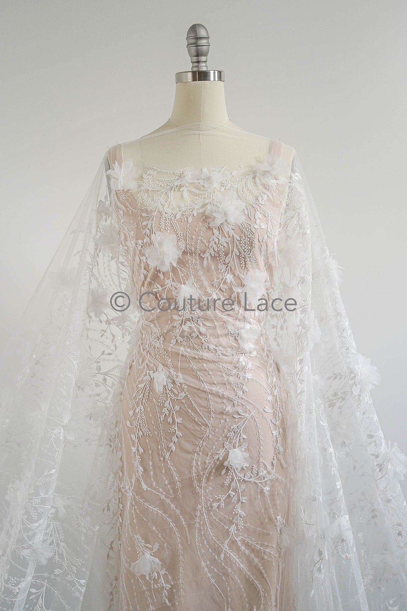 3D Blumen Spitzenstoff / Braut Spitzenstoff / Blumen Spitzenstoff mit 3D Blumen / Hochzeit Spitzenstoff / Hochzeitskleid Spitze / L23-584