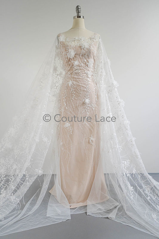 3D Blumen Spitzenstoff / Braut Spitzenstoff / Blumen Spitzenstoff mit 3D Blumen / Hochzeit Spitzenstoff / Hochzeitskleid Spitze / L23-584