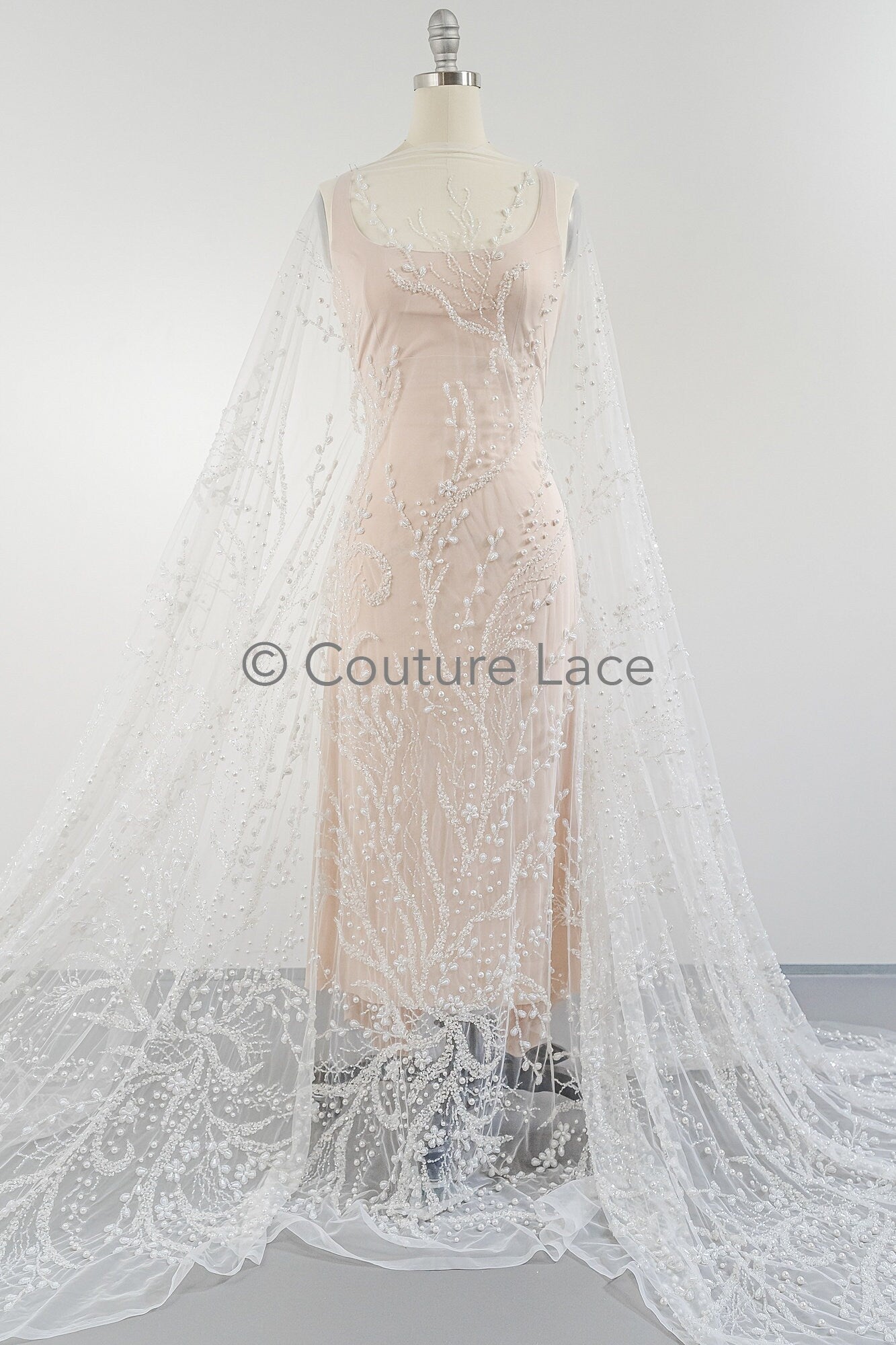Perlen Brautspitze Stoff Off-White/ Brautspitzenstoff mit Perlen/ Luxus Braut Spitze// L23-566