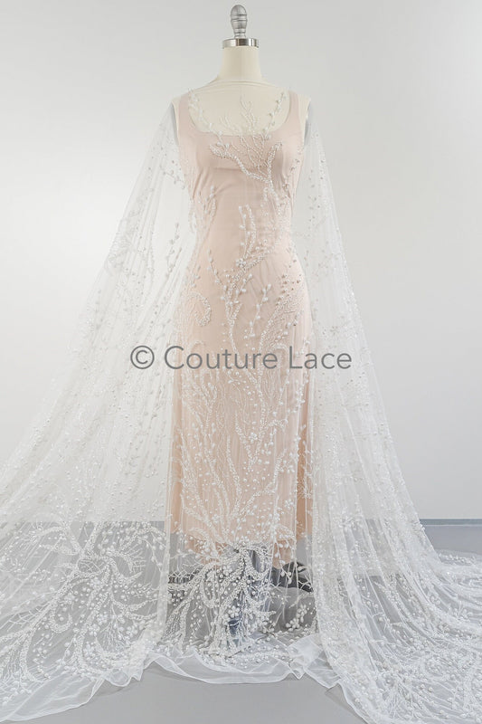 Perlen Brautspitze Stoff Off-White/ Brautspitzenstoff mit Perlen/ Luxus Braut Spitze// L23-566