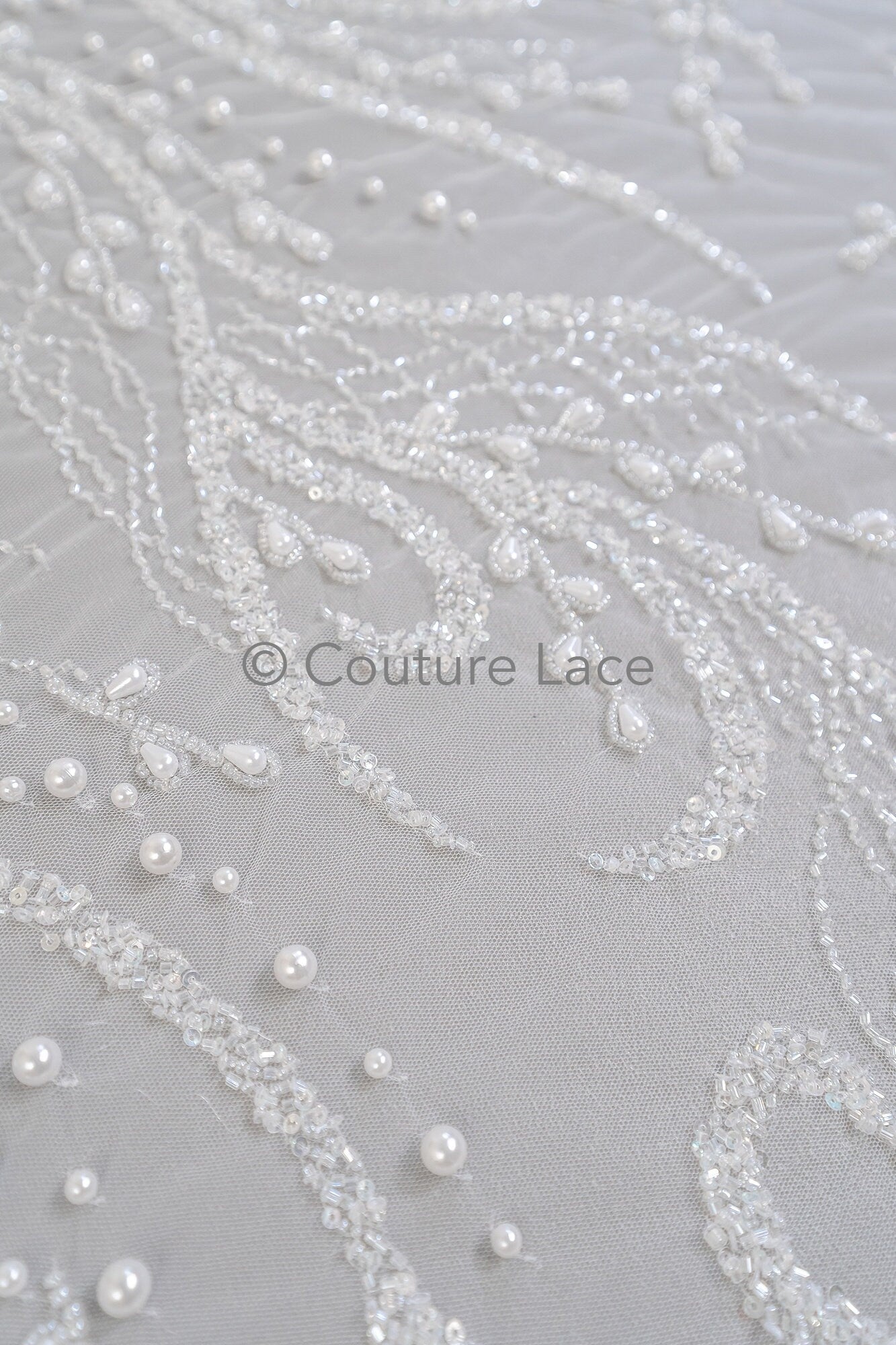 Perlen Brautspitze Stoff Off-White/ Brautspitzenstoff mit Perlen/ Luxus Braut Spitze// L23-566