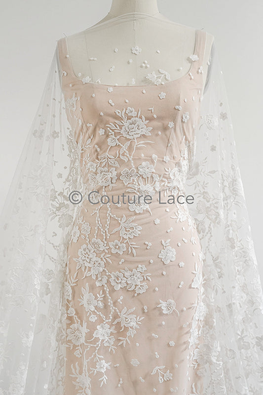 Dentelle nuptiale florale blanc cassé/ dentelle nuptiale avec fleurs/ dentelle de mariage florale/ dentelle Couture// L23-594