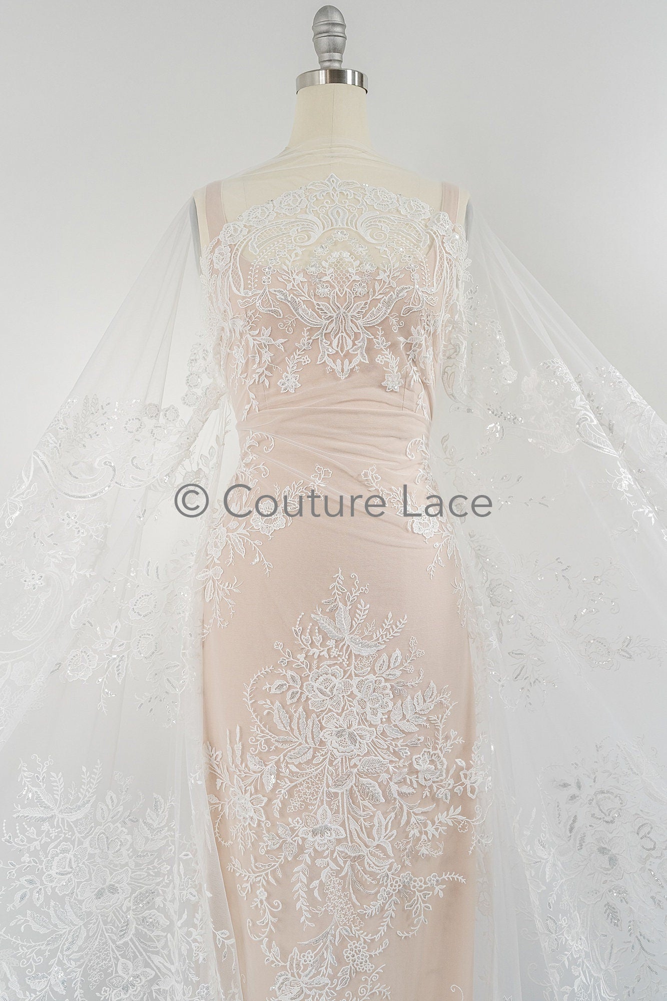 Blumen Braut Spitze Off-White/ Brautspitze mit Blumen/ Couture Spitze mit Pailletten// L23-571