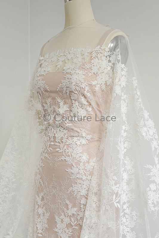 Dentelle nuptiale florale blanc cassé/ Tissu de dentelle nuptiale/ Dentelle de mariage florale/ Dentelle Couture// L23-597