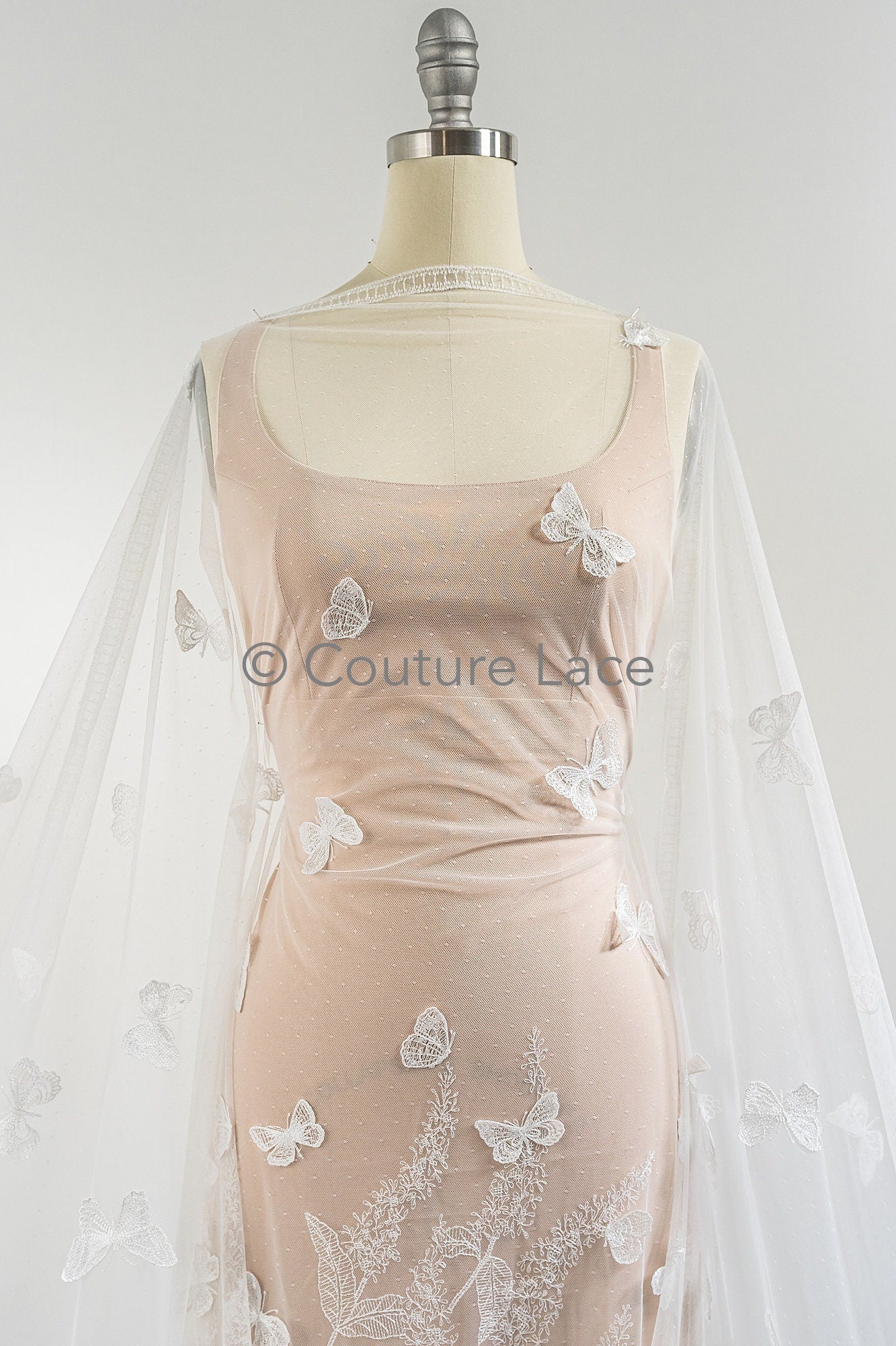 3D butterfly bridal lace off-white/ beautiful embroidered floral lace fabric/ wildflower lace fabric/ bridal lace with flowers// L23-579