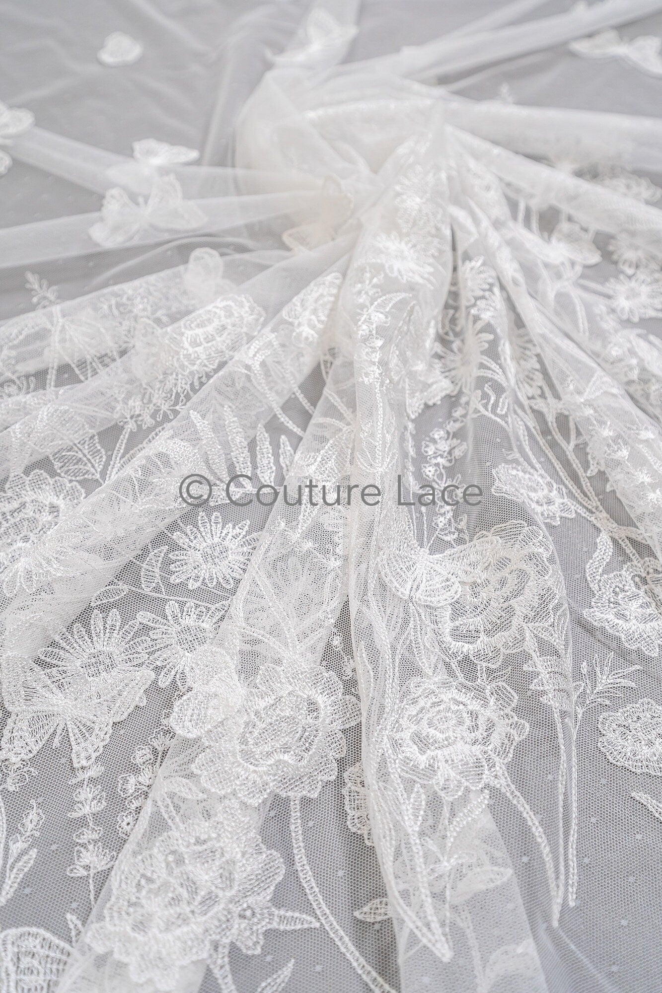 3D butterfly bridal lace off-white/ beautiful embroidered floral lace fabric/ wildflower lace fabric/ bridal lace with flowers// L23-579