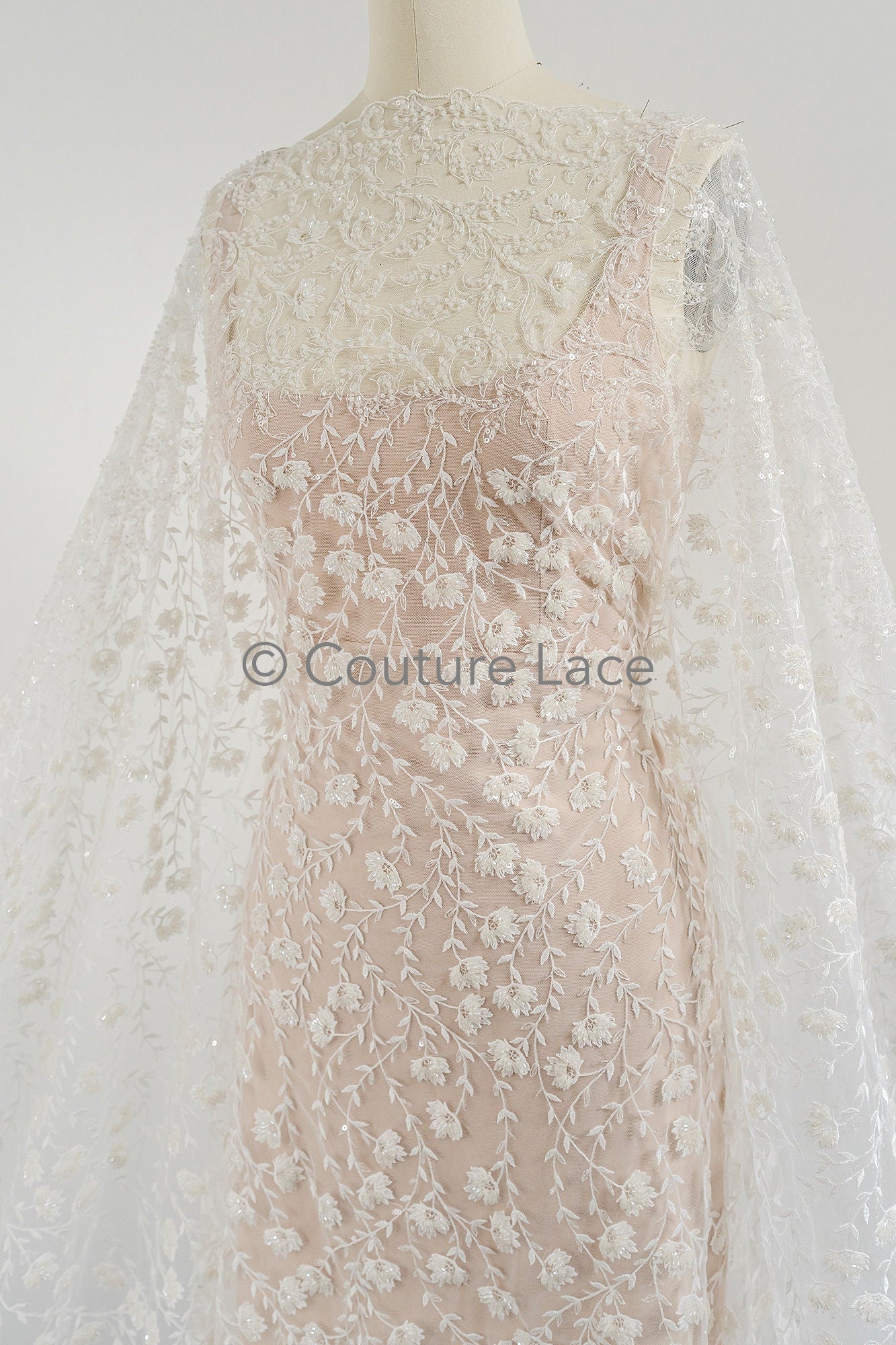 Perlen Spitze Stoff Off-White/ Perlen Brautspitze/ Couture Spitzenstoff/ Perlen Spitze// L23-572