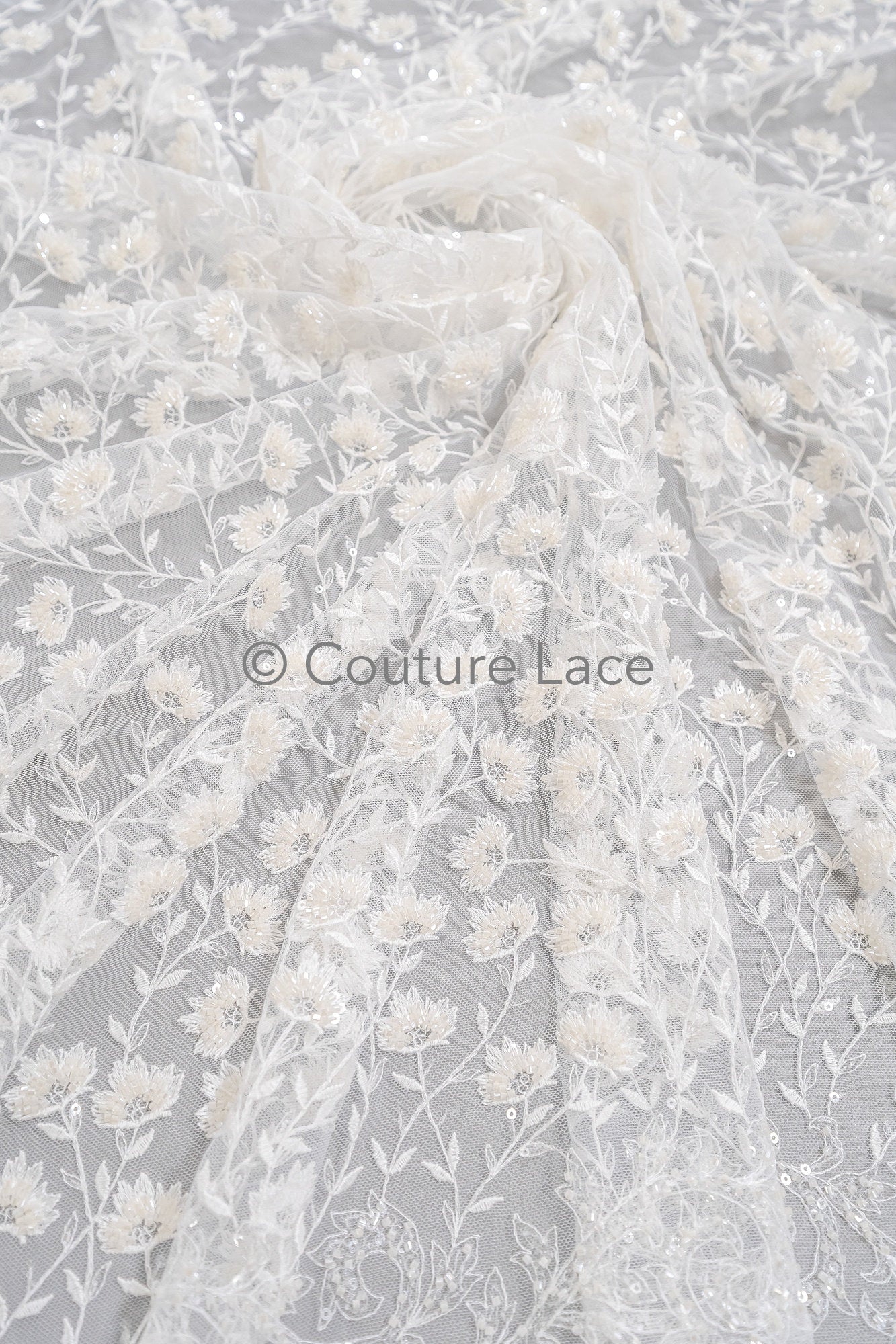 Perlen Spitze Stoff Off-White/ Perlen Brautspitze/ Couture Spitzenstoff/ Perlen Spitze// L23-572