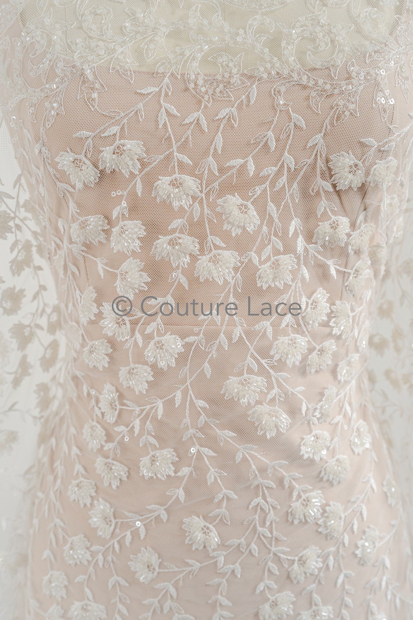 Perlen Spitze Stoff Off-White/ Perlen Brautspitze/ Couture Spitzenstoff/ Perlen Spitze// L23-572