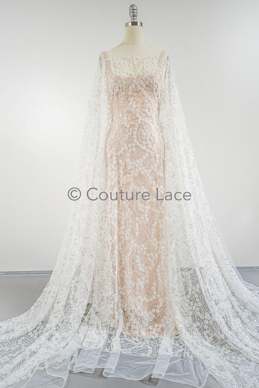 3D Blumen Spitzenstoff Off-White/ Couture Spitze Stoff/ Brautspitze mit Perlen/ Perlen Spitze// L23-570