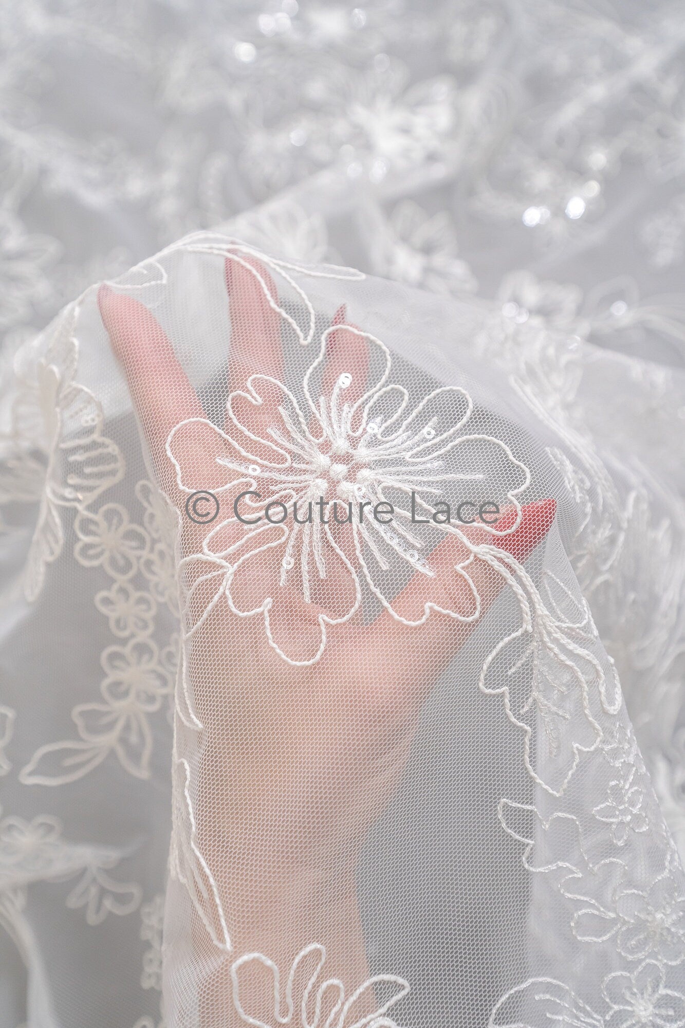 Floral Bridal Lace Off-White/ Bridal lace with flowers & sequins/ floral bridal lace// L23-554