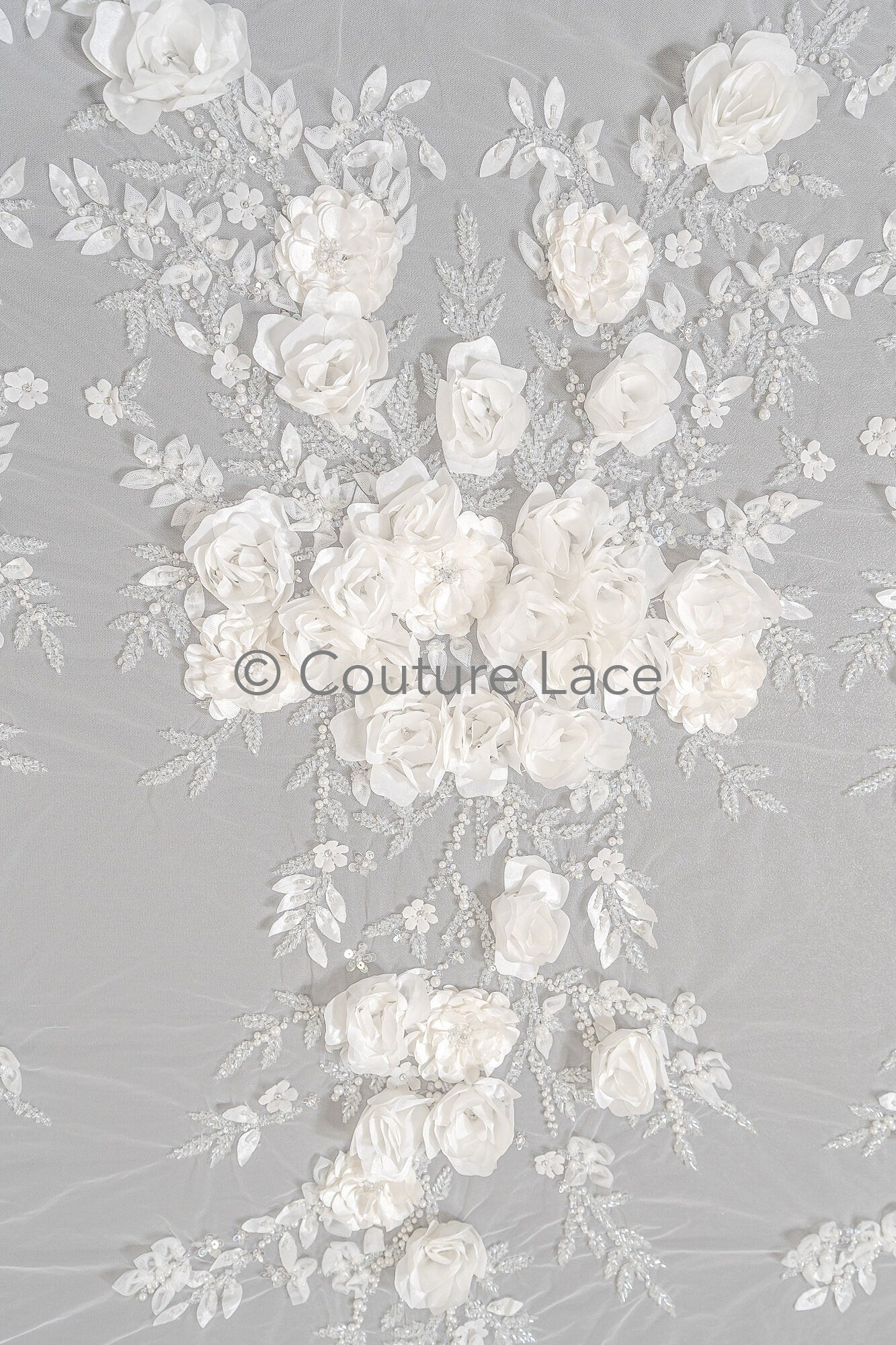 3D Blumen Spitzenstoff Off-White/ Braut Spitzenstoff mit Perlen & Pailletten/ romantischer Spitzenstoff mit 3D Blumen/ Hochzeit Spitzenstoff// L23-535