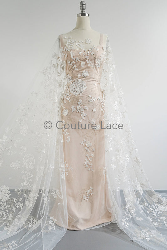 3D Blumen Spitzenstoff/ Braut Spitzenstoff/ romantischer Spitzenstoff mit 3D Blumen/ Hochzeit Spitzenstoff// L23-603