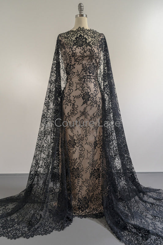 3yds französische Spitze/ Braut florale Spitze Material/ schwarze Braut Spitze/ florale Hochzeit Spitze/ Chantilly Spitze// L23-619