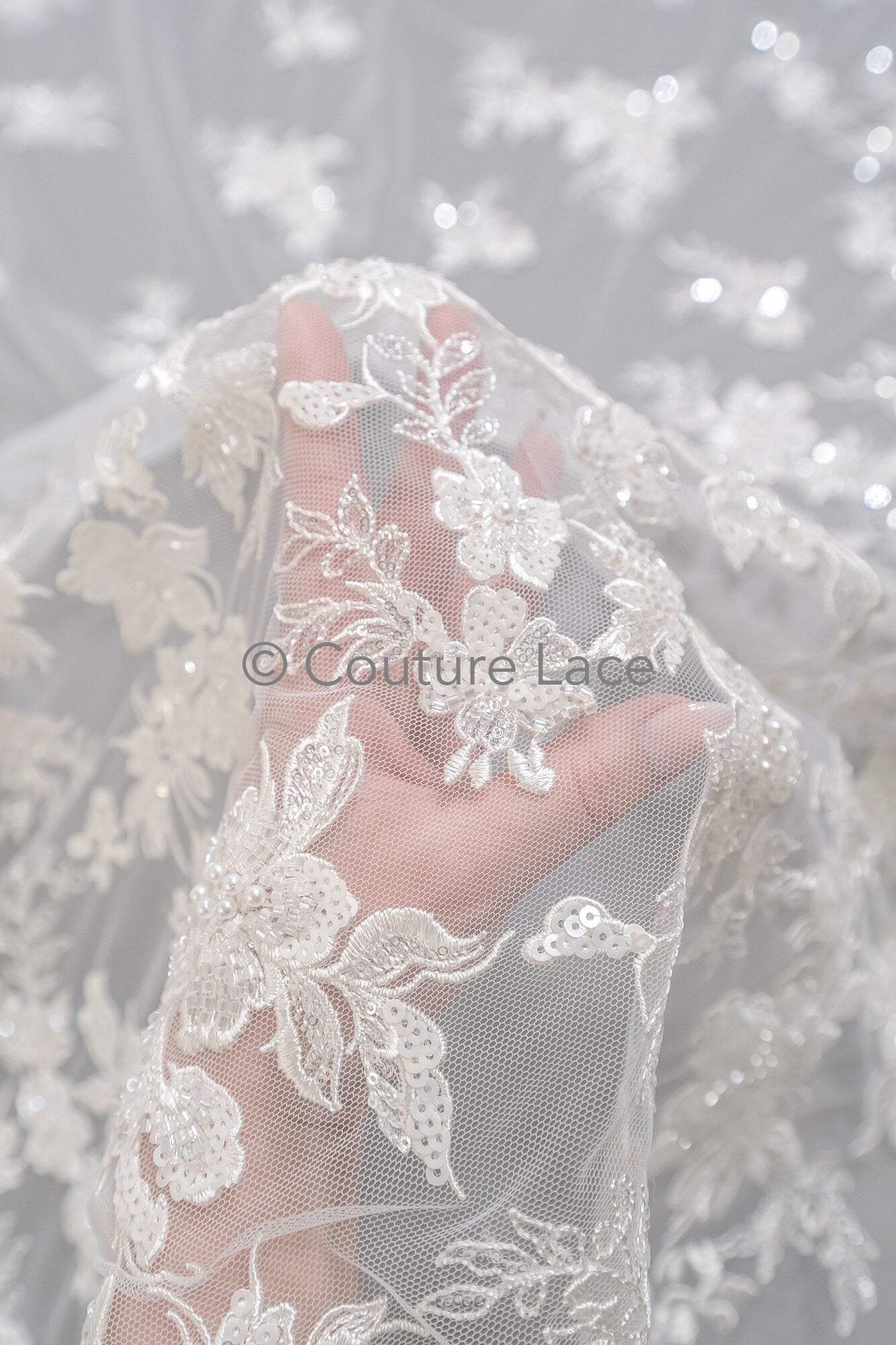 Perlen Spitzenstoff Off-White/ Couture Spitzenstoff/ Braut Spitzenstoff/ Perlen Spitze// L23-627