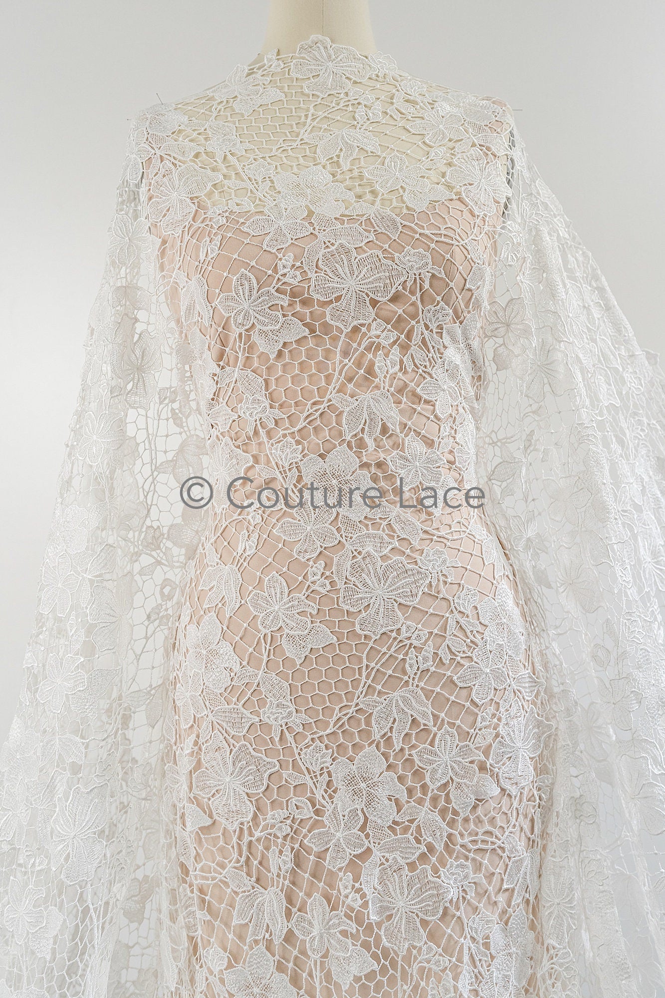 Floral Nottingham Lace Off-White/ foamy guipure lace/ boho lace/ bridal lace/ couture lace// L23-630