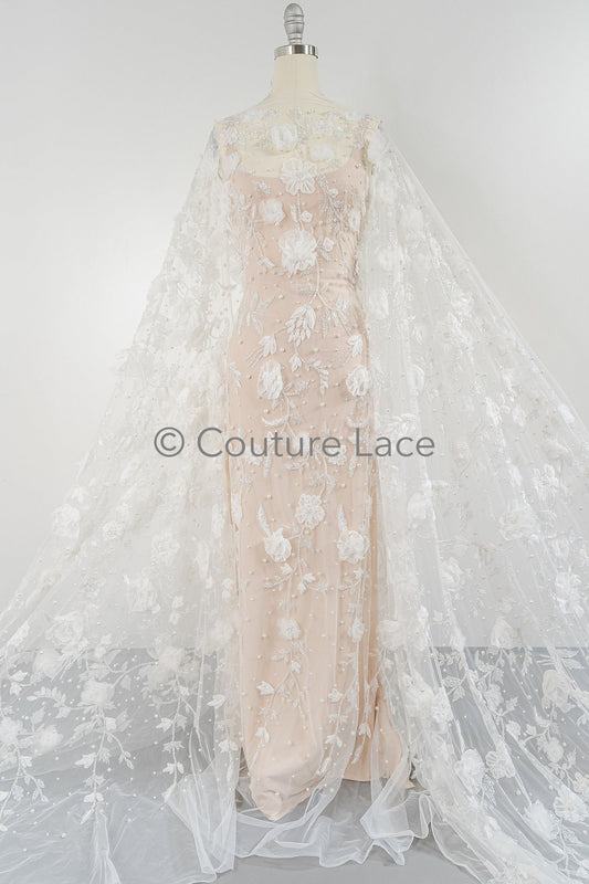 3D Blumen Spitzenstoff Off-White/ Braut Spitzenstoff/ romantischer Blumen Spitzenstoff/ Hochzeit Spitzenstoff// L23-187