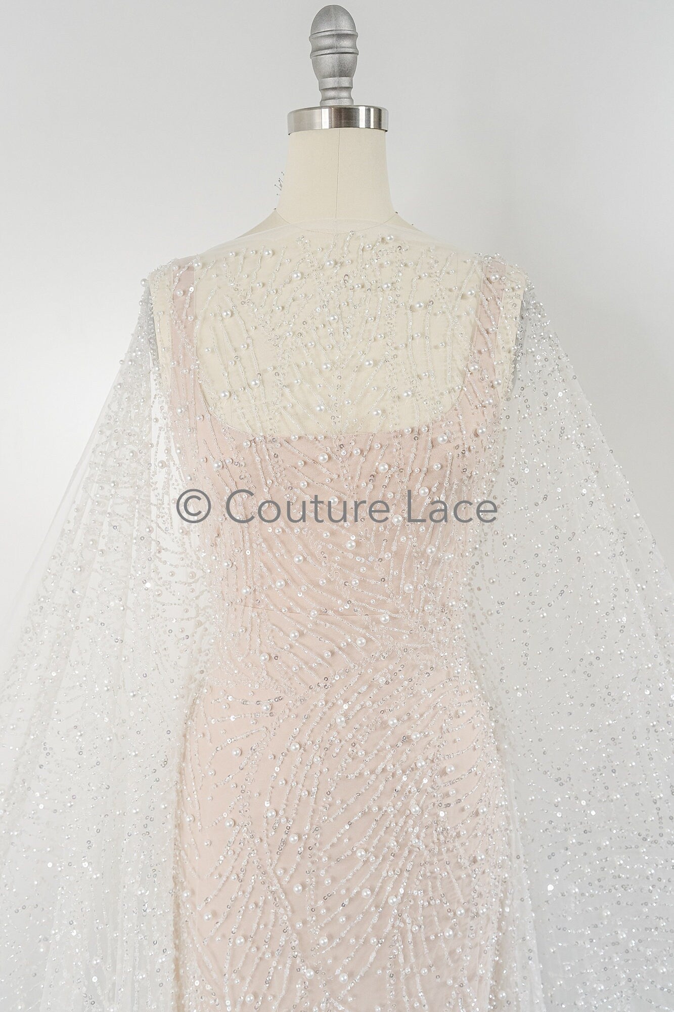 Perlen Brautspitze Stoff Off-White/ Braut Stoff mit Perlen/ Luxus Brautspitze// L23-528