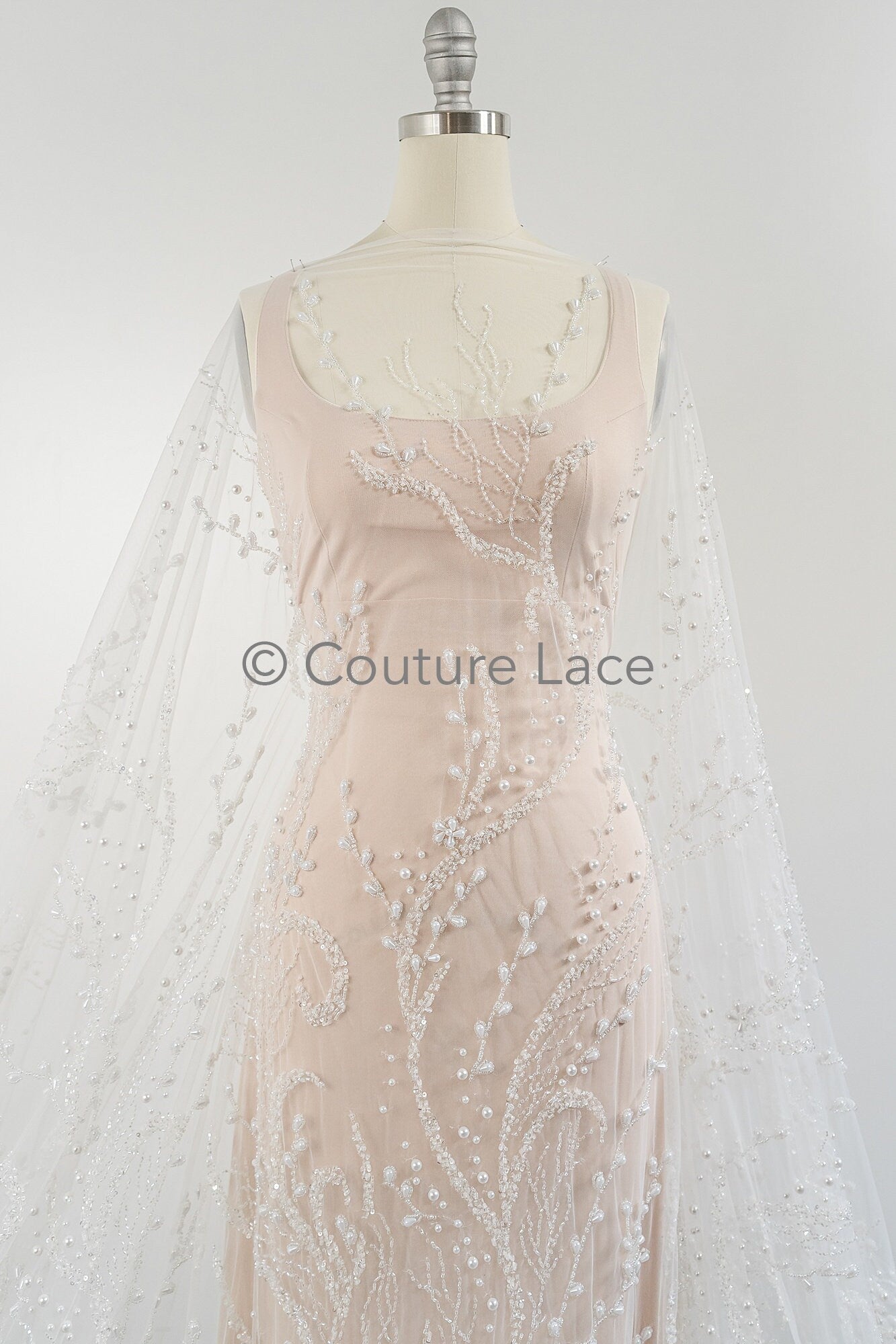 Perlen Brautspitze Stoff Off-White/ Brautspitzenstoff mit Perlen/ Luxus Braut Spitze// L23-566