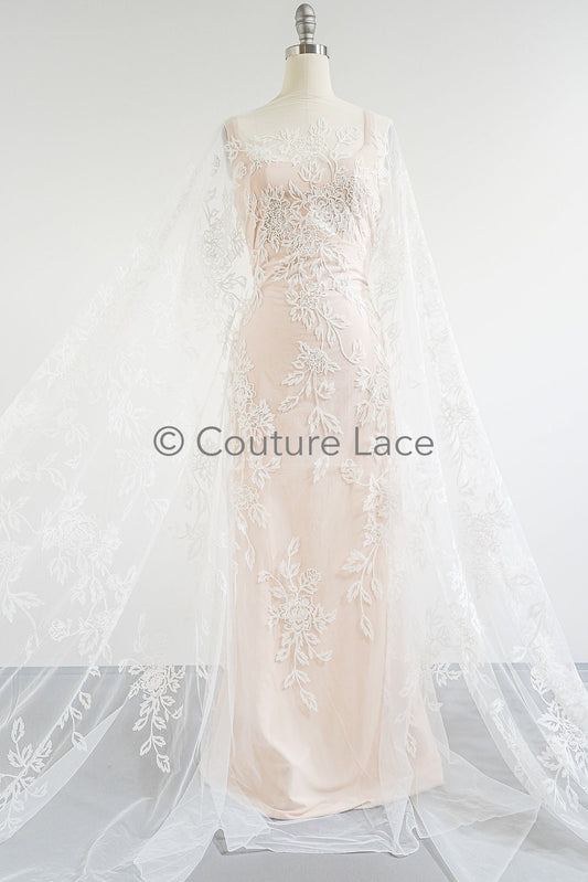 Tissu de dentelle florale 3D/ dentelle nuptiale blanc cassé/ tissu de dentelle florale romantique/ tissu de dentelle de mariage// L23-587