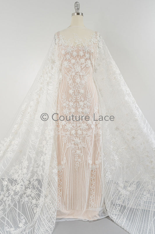 3D Blumen Spitzenstoff Off-White/ Braut Spitzenstoff mit Perlen/ romantischer Spitzenstoff mit 3D Blumen/ Hochzeit Spitzenstoff// L23-595