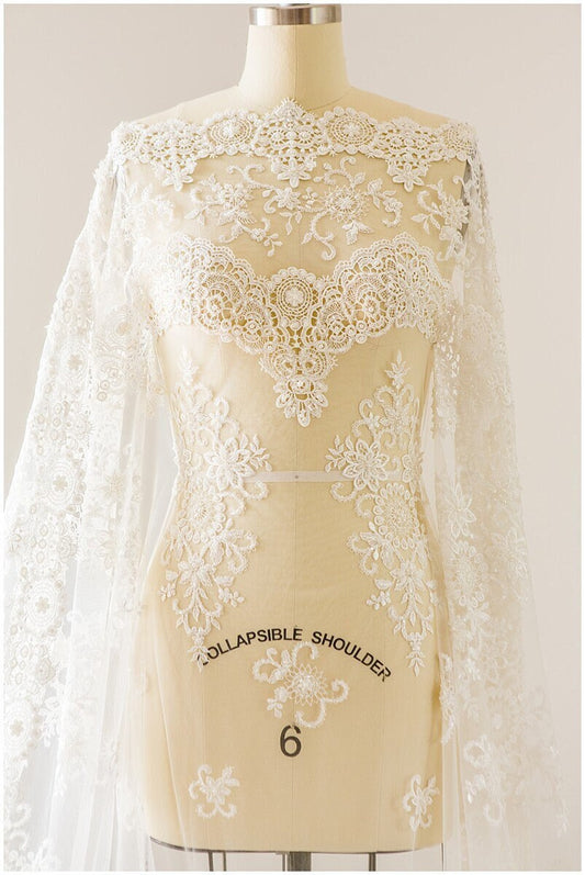 Perlen Brautspitze mit gehäkelten Elementen/ Hochzeitskleid Spitze mit Perlen/ Brautspitze Off-White// L17-145