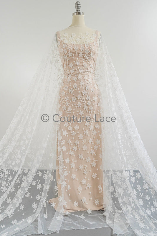 3D Blumen Spitzenstoff Off-White/ Braut Spitzenstoff/ romantischer Spitzenstoff mit 3D Blumen/ Hochzeit Spitzenstoff// L23-600