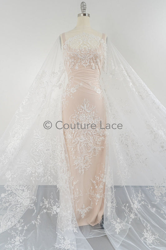 Encaje nupcial con flores color marfil / Encaje de novia con flores / Encaje de alta costura con lentejuelas // L23-571