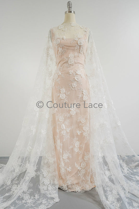 3D Blumen Spitzenstoff Off-White/ Braut Spitzenstoff/ romantischer Blumen Spitzenstoff mit Perlen & Pailletten// L23-607