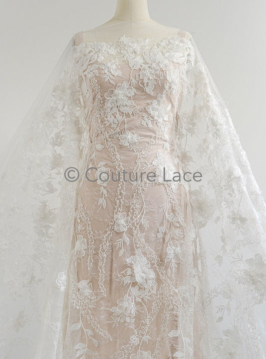 Tissu de dentelle florale 3D/ dentelle nuptiale blanc cassé/ tissu de dentelle florale romantique/ tissu de dentelle de mariage// L23-608