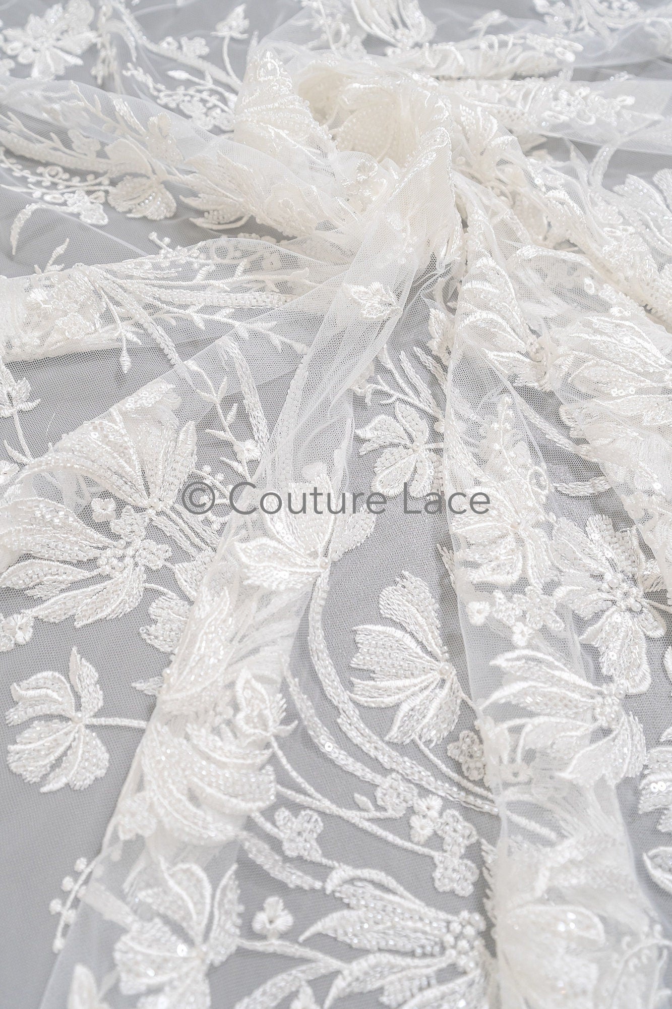 Perlen Spitzenstoff Off-White/ Couture Spitze Stoff/ Brautspitze Stoff/ Perlen Spitze// L23-625