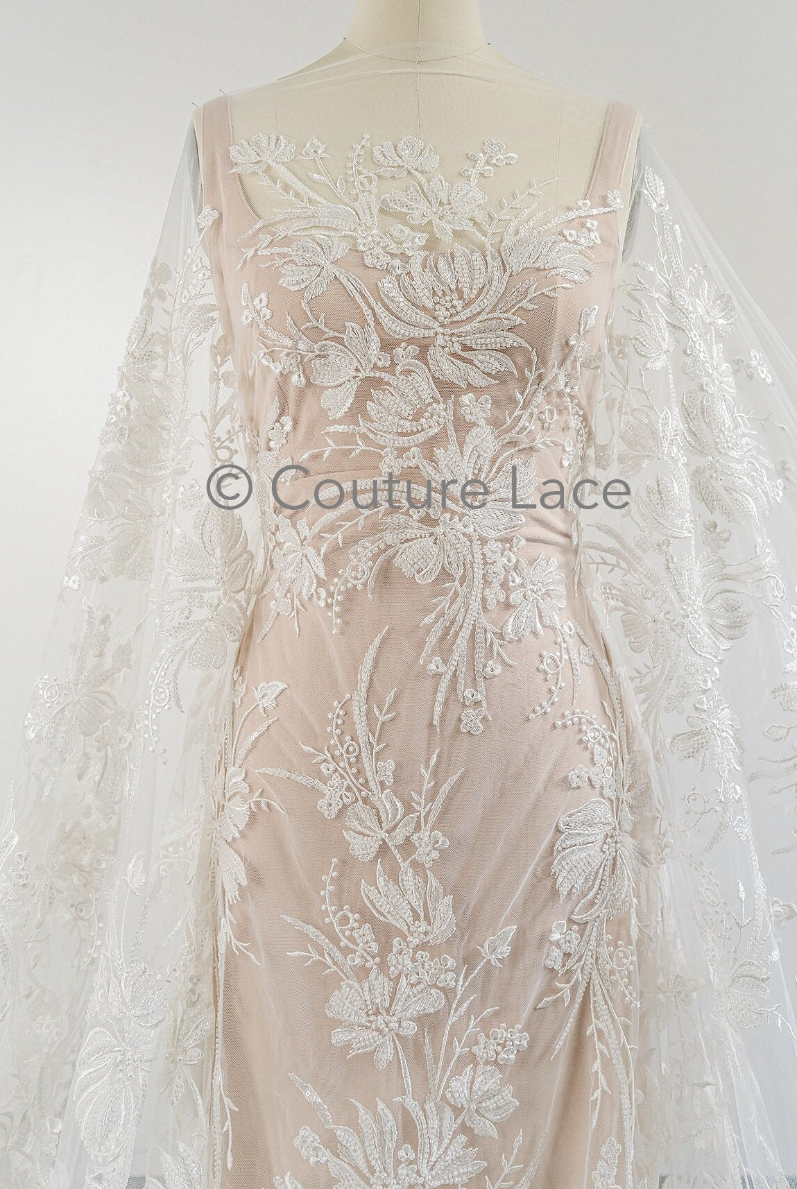 Perlen Spitzenstoff Off-White/ Couture Spitze Stoff/ Brautspitze Stoff/ Perlen Spitze// L23-625