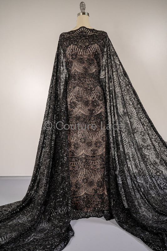 Schwarzer Perlen Spitzenstoff/ Couture Spitzenstoff/ schwarze Brautspitze/ Perlen Perlen Spitze/ schwarze Abendkleider Spitze // L19-252