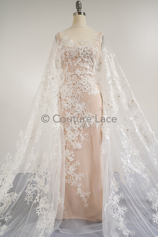 3D Blumen Spitzenstoff/ Braut Spitzenstoff Off-White/ romantischer Blumen Spitzenstoff mit 3D Blumen/ Hochzeit Spitzenstoff// L19-211