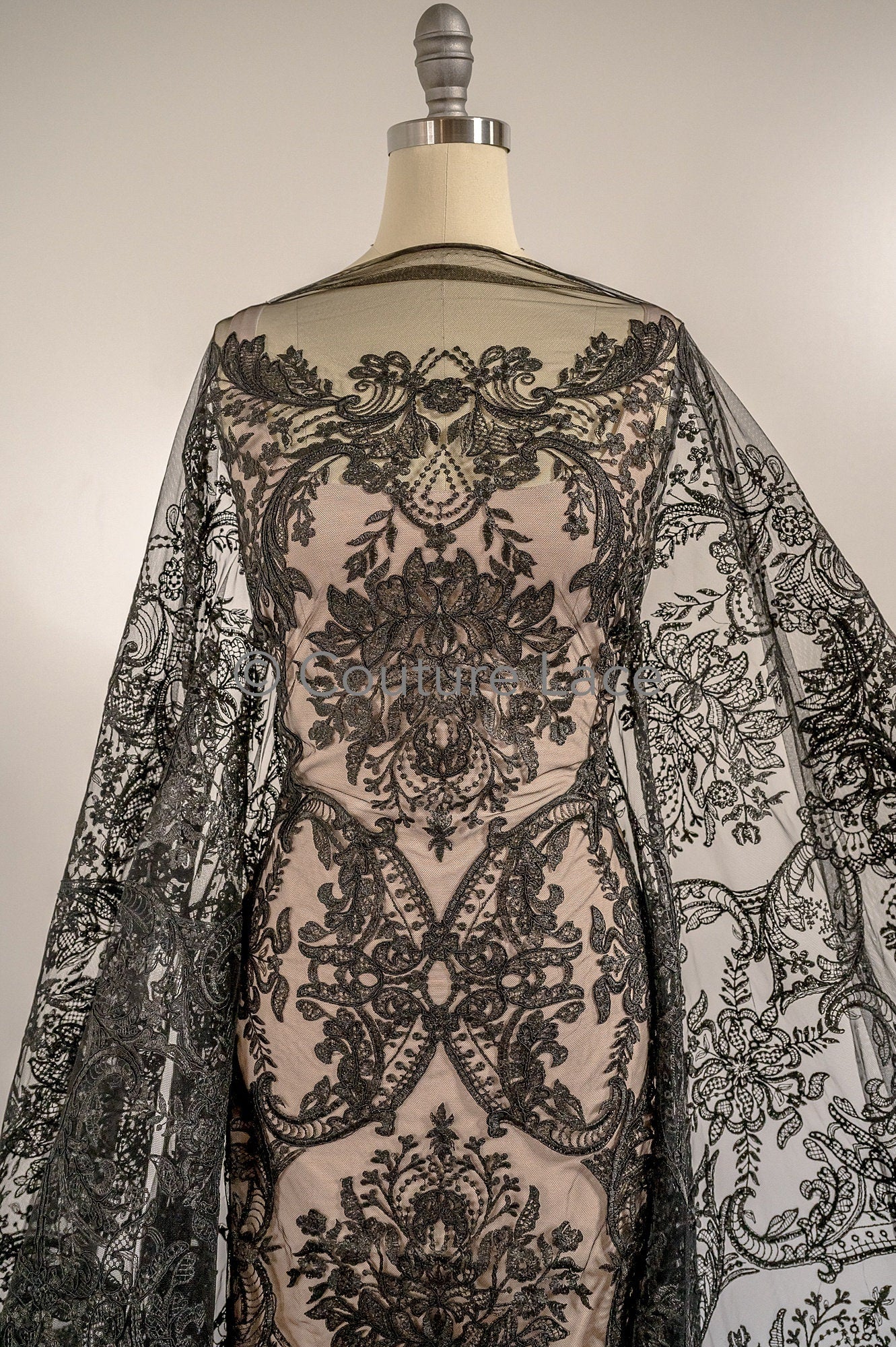 Floral black bridal lace / black bridal lace material / black evening lace / floral lace / black couture lace // L19-212